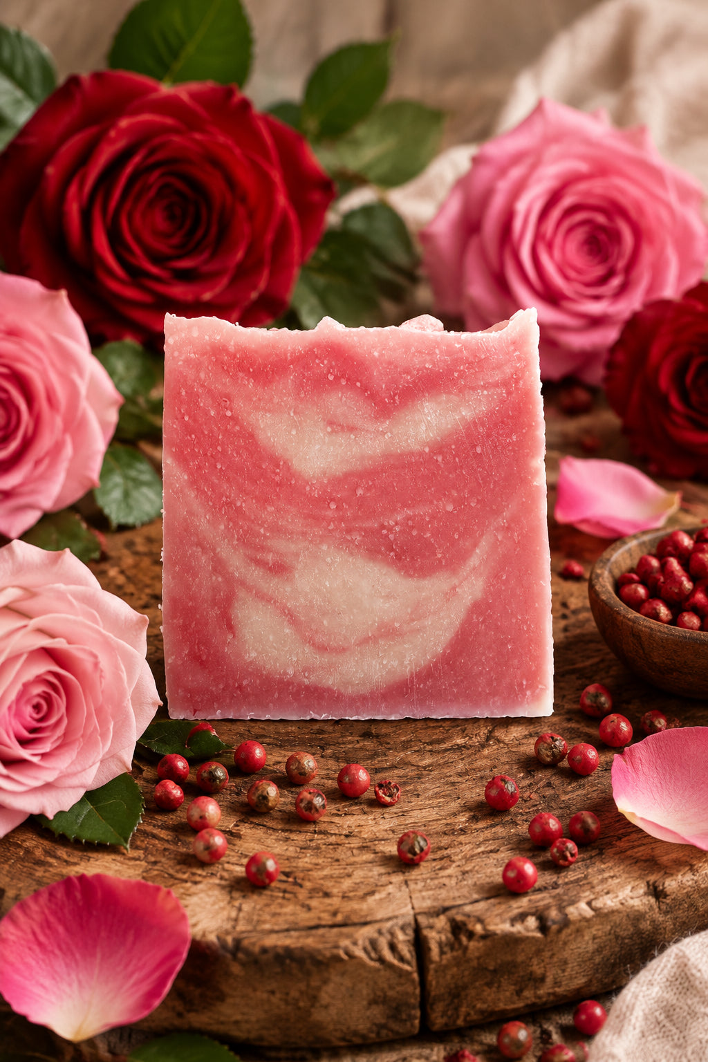 Winter rose and pink pepper cold processed soap