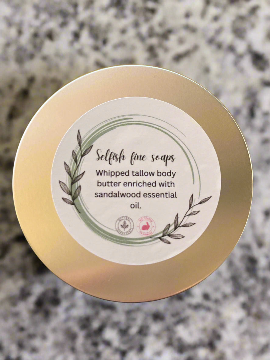 Whipped tallow body butter enriched with sandalwood essential oil.