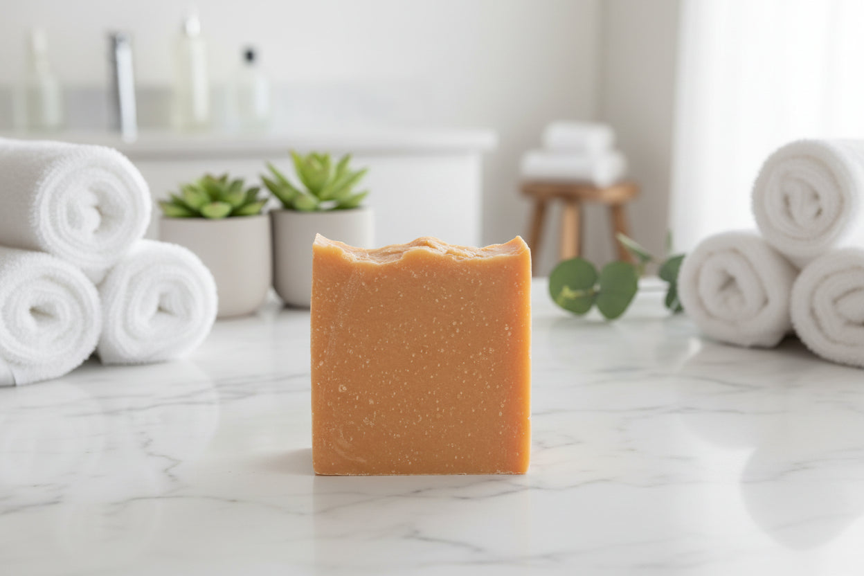 Square bar of brown soap on a gray concrete surface