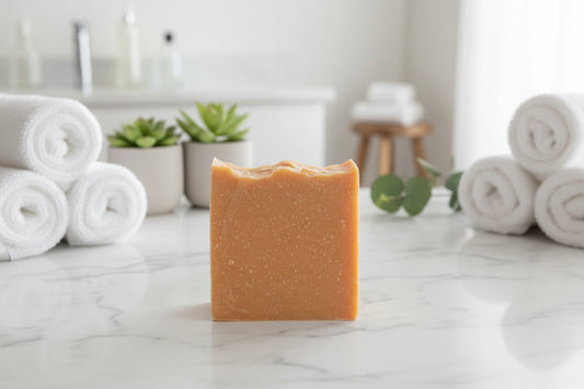 Square bar of brown soap on a gray concrete surface