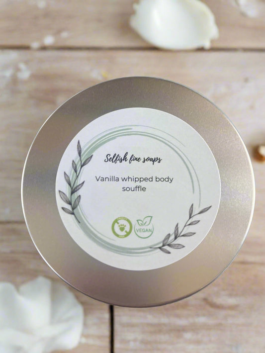 A round aluminium tin of whipped body souffle in vanilla fragrance