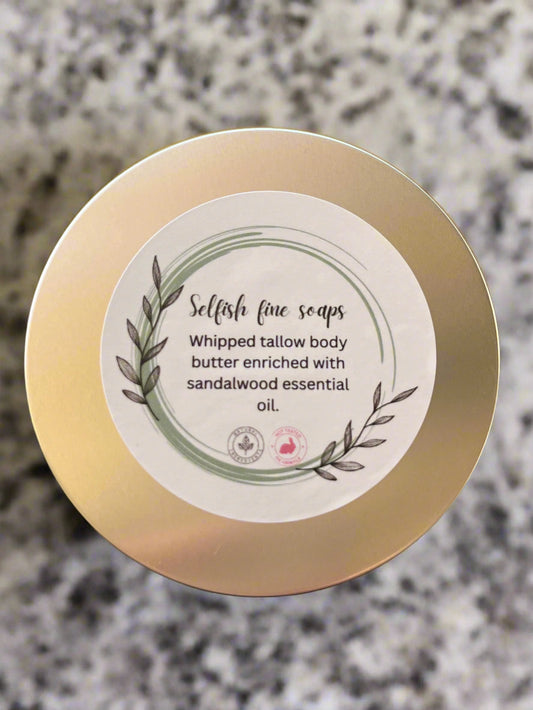 Whipped tallow body butter enriched with sandalwood essential oil.